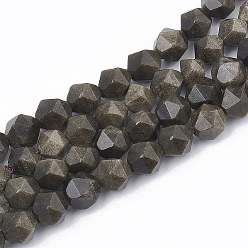 Natural Golden Sheen Obsidian Beads Strands, Star Cut Round Beads, Faceted, 10x8~9x8~9mm, Hole: 1mm, about 39pcs/strand, 14.9 inch