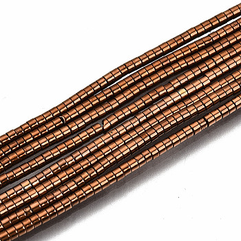 Electroplate Non-magnetic Synthetic Hematite Beads Strands, Column, Copper Plated, 1.5x1mm, Hole: 0.5mm, about 377~383pcs/strand, 15.75 inch~15.94 inch(40cm~40.5cm)