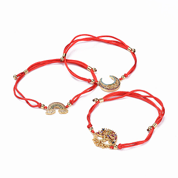 Adjustable Nylon Cord Bracelets, Red String Bracelets, with Brass Micro Pave Cubic Zirconia Links, Packing Box, Mixed Shapes, Red, 1 inch~3-1/4 inch(2.4~8.3cm), 2mm