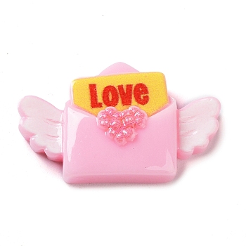 Valentine's Day Opaque Resin Cabochons, Envelope with Wing, Pearl Pink, 18x29.5x7mm