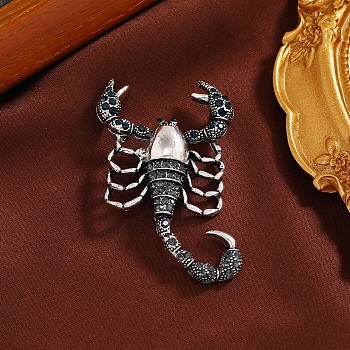 Scorpion Rhinestone Brooch Pin, Alloy Badge for Backpack Clothes, Antique Silver, Jet, 50x28mm