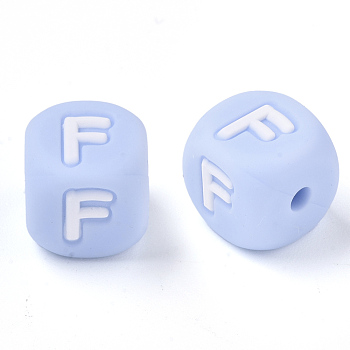 Food Grade Eco-Friendly Silicone Beads, Horizontal Hole, Chewing Beads For Teethers, DIY Nursing Necklaces Making, Letter Style, Cube, Light Sky Blue, Letter.F, 10x10x10mm, Hole: 2mm
