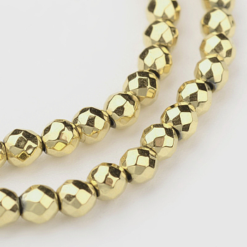 Eco-Friendly Long-Lasting Plated Non-magnetic Synthetic Hematite Smooth Beads Strands, Faceted Round, Golden Plated, 2mm, Hole: 1mm, about 173pcs/strand, 15.5 inch