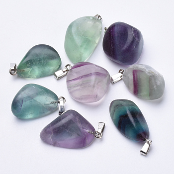 Natural Fluorite Pendants, with Platinum Tone Alloy Finding, Nuggets, 26~32x15~22x10~16mm, Hole: 7x2mm