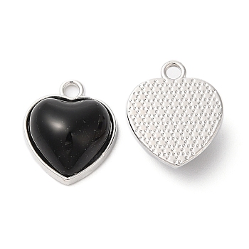 Alloy Pendants, Resin Heart Charms, Platinum, Black, 16.5x14x6.5mm, Hole: 2mm
