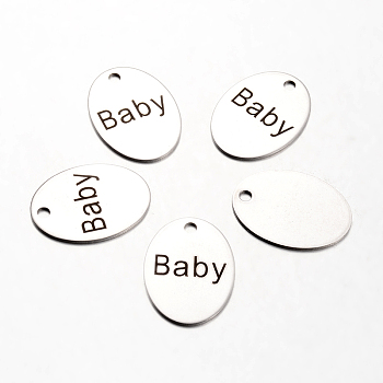 Spray Painted Stainless Steel Family Theme Pendants, Oval with Word Baby, Stainless Steel Color, 30x22x1mm, Hole: 3mm