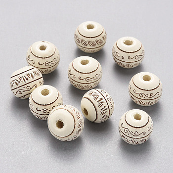 Painted Natural Wood Beads, Laser Engraved Pattern, Round with Leave Pattern, Creamy White, 10x9mm, Hole: 2.5mm
