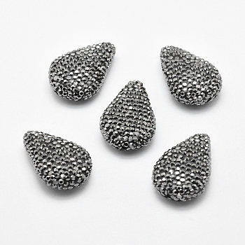 Handmade Polymer Clay Rhinestone Beads, teardrop, Hematite, 28~29x19x9mm, Hole: 1.5mm