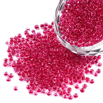 12/0 Glass Seed Beads, Transparent Inside Colours, Round Hole, Round, Camellia, 12/0, 2~2.5x1.5~2mm, Hole: 0.8mm, about 3333pcs/50g