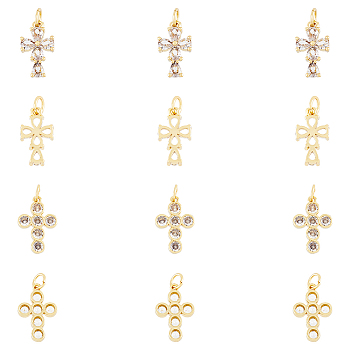 12Pcs 2 Style Rack Plating Brass Micro Pave Clear Cubic Zirconia Pendants, with Jump Rings, Long-Lasting Plated, Cadmium Free & Lead Free, Cross, Real 18K Gold Plated, 15~16.5x9~11x2.5~3mm,  jump rings: 5x0.9mm, Hole: 3.2mm, 6pcs/style