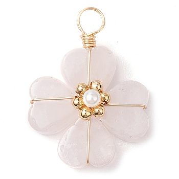 Natural Rose Quartz Clover Pendants, Shamrock Charms with Copper Wire Wrapped, Golden, 28.5x21.5x10mm, Hole: 4mm