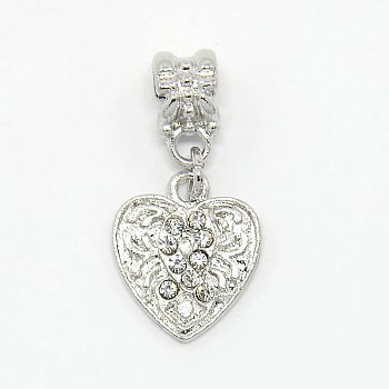 Platinum Plated Alloy Rhinestone European Dangle Charms, Heart Pendant with Breast Cancer Sign, Crystal, 28x14x2mm, Hole: 5mm