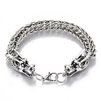 Men's Alloy Wheat Chain Bracelets, with Lobster Claw Clasps, Dragon, Antique Silver, 8-1/2 inch(21.5cm)