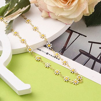 Brass Enamel Daisy Link Chain Necklaces, with 304 Stainless Steel Lobster Claw Clasps & Heart Charms, Golden, 15-1/2 inch(39.5cm)