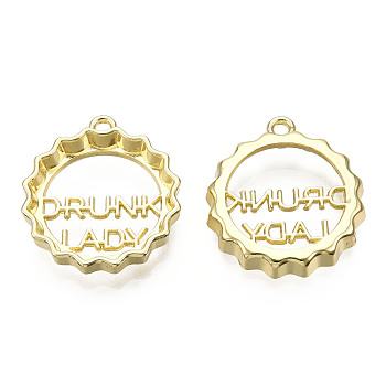 Rack Plating Alloy Pendants, Cadmium Free & Lead Free, Bottle Cap with Word Drunk Lady, Golden, 22x20x3.5mm, Hole: 1.6mm