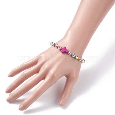 bracelet extensible en croix synthétique turquoise (teint) avec verre pour femme(BJEW-JB07663)-4