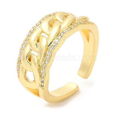 Rack Plating Brass Curb Chains Shape Open Cuff Ring with Cubic Zirconia(RJEW-R138-01G)-3