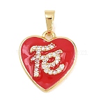 Valentine's Day Brass Micro Pave Clear Cubic Zirconia Pendants, with Enamel, Heart with Word Fe Charms, Long-Lasting Plated, Rack Plating, Lead Free & Cadmium Free, Real 18K Gold Plated, Red, 17x16x3mm, Hole: 3.2mm(KK-H273-31G-01)