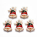 Alloy Enamel Pendants, with Rhinestone, Christmas, Cadmium Free & Lead Free, Christmas Bell, Light Gold, Red, 19x14x4mm, Hole: 1.6mm(ENAM-Q442-031-RS)