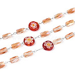 Handmade 304 Stainless Steel Link Chains, with Faceted Barrel Glass Beads & Millefiori Lampwork, Flat Round with Flower Pattern, Soldered, with Spool, Stainless Steel Color, Red, 6~6.5x2~2.5mm(CHS-N007-03A-P)