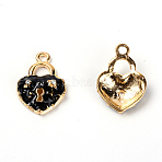 Zinc Alloy Enamel Pendants, with Rhinestone, Heart Lock, Light Gold, Black, 22x15x4.5mm, Hole: 2mm(ENAM-TAC0014-02C)