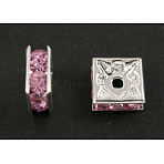 Brass Rhinestone Spacer Beads, Square, Nickel Free, Pink, Silver Color Plated, 6mmx6mmx3mm, hole: 1mm(X1-RSB072-07S)
