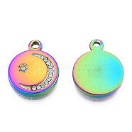 304 Stainless Steel Pendants, with Crystal Rhinestone, Flat Round with Moon & Star, Rainbow Color, 19x15.5x2.5mm, Hole: 1.6mm(STAS-N098-162M)