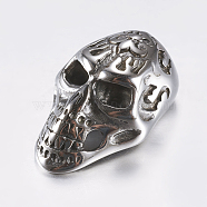 316 Surgical Stainless Steel Cord End Caps, Skull, Antique Silver, 23x15x10mm, Half Hole: 6mm(STAS-K157-72AS)