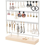Triple Levels Rectangle Iron Earring Display Stand, Jewelry Display Rack, with Wood Findings Foundation, White, 29x6.9x28.5cm(CON-PW0001-151B-01)