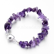 Natural Amethyst Bead Bracelets, Brass Magnetic Clasp, Silver Color Plated, 7-1/2 inch(190mm)(X-BJEW-JB02486-05)