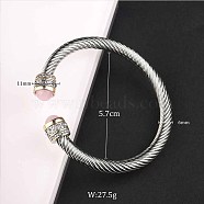 Adjustable C-shaped Stainless Steel Twist Open Cuff Bracelets with Natural Rose Quartz, Stainless Steel Color(UG3207-5)