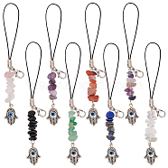 Gemstone Chips Cell Phone Strap Charm, Hamsa Hand/Hand of Miriam with Evil Eye Tibetan Style Alloy Charm Hanging Keychain for Women, with Nylon Cord, 11cm, 8pcs/set(HJEW-PH01853)