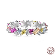 Rhodium Plated 925 Sterling Silver Geometry Finger Rings with Cubic Zirconia, Real Platinum Plated, with S925 Stamp, Colorful, 4.6mm, US Size 7(17.3mm)(RJEW-F150-70B-P)