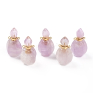 Faceted Natural Amethyst Pendants, Openable Perfume Bottle, with Golden Tone Brass Findings, 32~33x17~18x16mm, Hole: 2mm, capacity: 1ml(0.03 fl. oz)(G-H252-B05)
