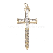 Brass Micro Clear Cubic Zirconia Pendants, Long-Lasting Plated, Sword, Real 18K Gold Plated, 43x18x3.5mm, Hole: 3.5mm(ZIRC-F120-038G)