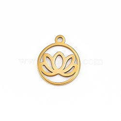 304 Stainless Steel Charms, Cut-Out, Flat Round with Flower, Golden, 11.9x9.9mm(PW-WG82352-01)