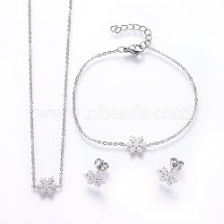 304 Stainless Steel Jewelry Sets, Pendant Necklaces & Stud Earrings & Bracelets, Snowflake, Stainless Steel Color, 16.54 inch(42cm), 7-1/8 inch(18cm), 10.5x9x1mm, Pin: 0.8mm(SJEW-H138-16P)