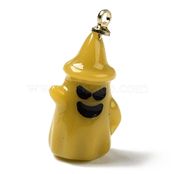 Halloween Theme Opaque Resin Pendants, with Light Gold Tone Alloy Findings, Ghost with Hat, Goldenrod, 21x11x8.5mm, Hole: 1.5mm(CRES-B005-07A)