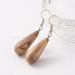 Teardrop Platinum Tone Brass Natural Picture Jasper Dangle Earrings, 47mm, Pin: 0.7mm(EJEW-M058-07)