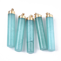Natural White Jade Big Pendants, with Brass Findings, Dyed, Column, Golden, Turquoise, 66~68x13mm, Hole: 7x3.5mm(G-S344-53)