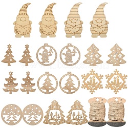 20Pcs 10 Styles Christmas Theme Undyed Wood Big Pendants, Mixed Shapes, 28~129x47~71x2~3mm, Hole: 3~4mm, 2pcs/style(WOOD-YW0001-25)