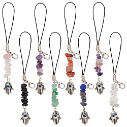 Gemstone Chips Cell Phone Strap Charm, Hamsa Hand/Hand of Miriam with Evil Eye Tibetan Style Alloy Charm Hanging Keychain for Women, with Nylon Cord, 11cm, 8pcs/set(HJEW-PH01853)
