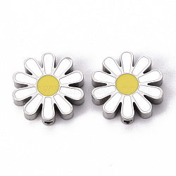 304 Stainless Steel Enamel Beads, Daisy, White, Stainless Steel Color, 17x17x3.5mm, Hole: 1.6mm(STAS-T052-15P)