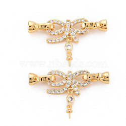 Brass Micro Pave Clear Cubic Zirconia Peg Bails Fold Over Clasps, for Half Drilled Bead, Nickel Free, Bowknot, Real 18K Gold Plated, 35mm, Bowknot: 22x19.5x2.5mm, Pin: 0.5mm, Clasp about: 11.5x5.5x6.5mm, Inner Diameter: 3.5mm(KK-S354-312-NF)