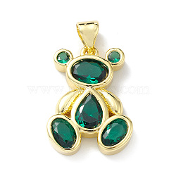 Rack Plating Brass Micro Pave Cubic Zirconia Pendants, Lead Free & Cadmium Free, Bear Charm, Real 18K Gold Plated, Dark Green, 20x14.5x3mm, Hole: 4x3mm(KK-H443-04G-02)