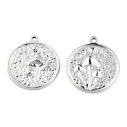 201 Stainless Steel Pendants, Flat Round with Mushroom Charm, Stainless Steel Color, 29x25x3mm, Hole: 1.8mm(STAS-N098-143P)