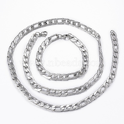 Trendy Men's 201 Stainless Steel Curb Chain Necklaces & Bracelets Sets, with Lobster Claw Clasps, Stainless Steel Color, 27.55 inch(70cm)(SJEW-L186-03P-A)