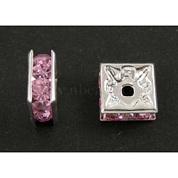 Brass Rhinestone Spacer Beads, Square, Nickel Free, Pink, Silver Color Plated, 6mmx6mmx3mm, hole: 1mm(X1-RSB072-07S)
