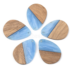 Opaque Resin & Walnut Wood Pendants, Teardrop, Cornflower Blue, 35.5x26x3mm, Hole: 2mm(RESI-S389-010A-C01)