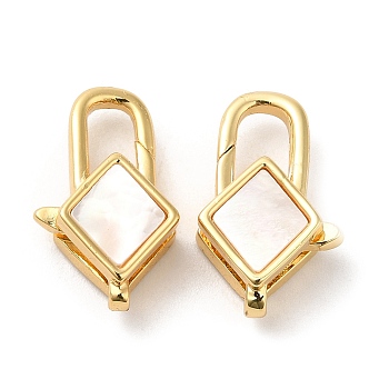 Rack Plating Brass Lobster Claw Clasps, with Shell, Cadmium Free & Lead Free, Real 18K Gold Plated, Long-Lasting Plated, Rhombus, 18x11x5.5mm, Hole: 3x1.5mm